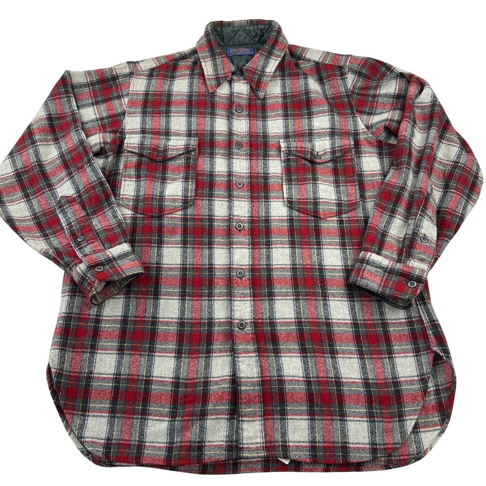 Pendleton Vintage Wool Button Down Plaid Shirt Men's size 16 1/2 Large Red Gray